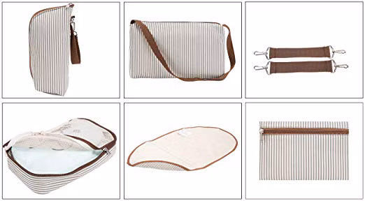 기저귀 가방 7 개 세트 기저귀 토트 백 대용량 절연 남여 공용 다기능 방수 패드 교체 포함 유모차 스트랩 스트라이프